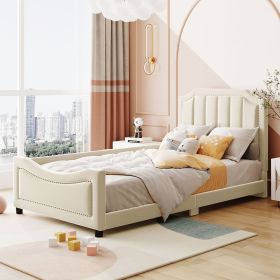 Twin Size Upholstered Daybed with Classic Stripe Shaped Headboard (Color: Beige)