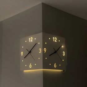 Nordic Square Modern Corner Wall Clock with Sensor Night Light (Color: White)