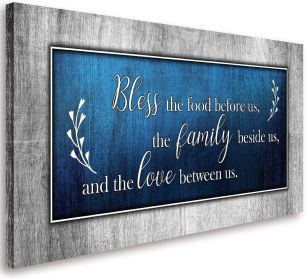 Christian Wall Art Decor Blue and Grey Canvas Prints Bless The Food Quote Wall Pictures Framed Artwork for Home Living Room Dining Room Kitchen D (size: 24x48inchx1pcs)