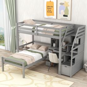 Twin Size Loft Bed with a Stand-alone Bed;  Storage Staircase;  Desk;  Shelves and Drawers (Color: Gray)