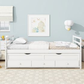 Twin Size Bed with Headboard,Footboard,Trundle and Three Storage Drawers,Twin Size Pine Wood Bed with Headboard,Footboard,Grey (Color: White, Material: Pine)