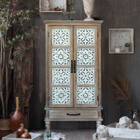 55.12'' Tall Tower Storage Cabinet - Rustic Wood Sideboard Pantry Cabinet - Versatile Buffet Cabinet with Storage for Home Decor and Organization (Color: Natural+White, Material: Solid Wood+MDF)