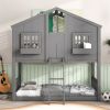 Twin over Twin House Bunk Bed with Roof , Window, Window Box, Door , with Safety Guardrails and Ladder