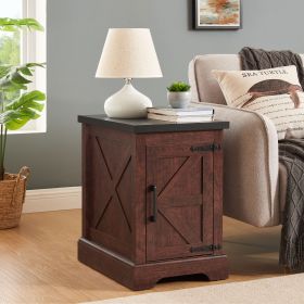 Farmhouse End table Nightstand Rectangular Farmhouse End Table with Barn Door and Adjustable Storage Shelf, Rustic Sofa Side Table for Living Roo (Color: Oak, Material: MDF)