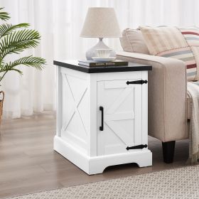 Farmhouse End table Nightstand Rectangular Farmhouse End Table with Barn Door and Adjustable Storage Shelf, Rustic Sofa Side Table for Living Roo (Color: White, Material: MDF)