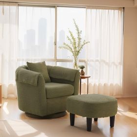 Swivel Accent Chair with Ottoman Set, Modern Chenille Barrel Armchair with Removable Back Pillow & 2 Armrest Covers for Living Room, Bedroom, Office (Main Color: Green, Main Material: Chenille)
