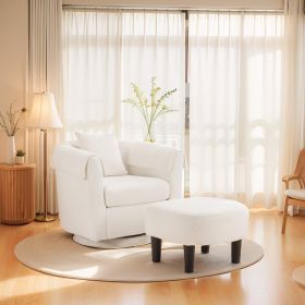 Swivel Accent Chair with Ottoman Set, Modern Chenille Barrel Armchair with Removable Back Pillow & 2 Armrest Covers for Living Room, Bedroom, Office (Main Color: White, Main Material: Chenille)