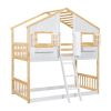 Twin over Twin House Bunk Bed with Roof , Window, Window Box, Door , with Safety Guardrails and Ladder