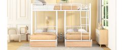 Full Over Twin & Twin Bunk Bed, Metal Triple Bunk Bed with Drawers and Guardrails