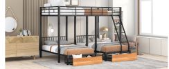 Full Over Twin & Twin Bunk Bed, Metal Triple Bunk Bed with Drawers and Guardrails