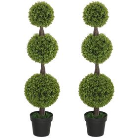 Set Of 2 Artificial Ball Boxwood Topiary Trees, Fake Plants In Pots For Indoor Outdoor Living Room, Green (Color: Green)